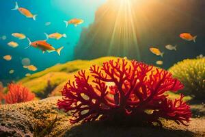 photo wallpaper sea, coral, fish, sun, coral reef, coral, fish, sea,. AI-Generated