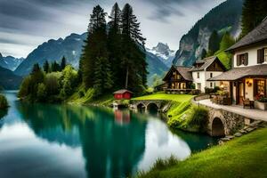 un casa se sienta en el borde de un lago rodeado por montañas. generado por ai foto