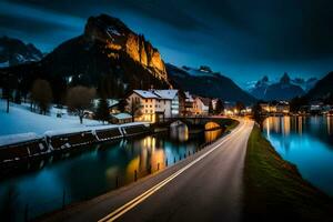 a long exposure photo of a road and a river in the mountains. AI-Generated