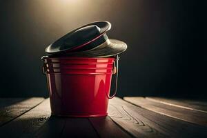 a red bucket with a hat on top. AI-Generated photo