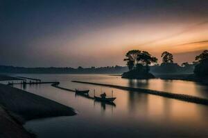 a boat is docked on the shore of a river at sunset. AI-Generated photo