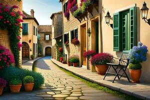 a street with flowers and potted plants. AI-Generated photo