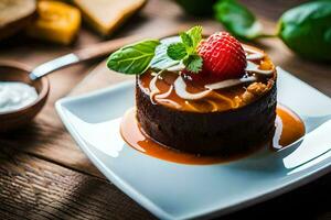 a dessert with a strawberry and a slice of cheese. AI-Generated photo