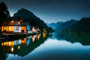 casas en el lago a noche con montañas en el antecedentes. generado por ai foto