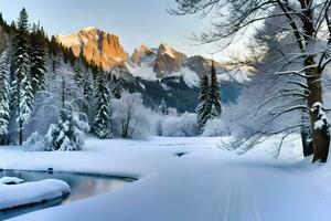 un Nevado paisaje con arboles y un río. generado por ai foto