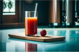 a glass of juice with a strawberry on a wooden tray. AI-Generated photo