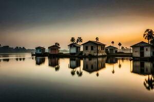 un lago con varios pequeño casas en eso a puesta de sol. generado por ai foto