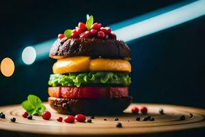 un hamburguesa con vegetales y Tomates en cima. generado por ai foto