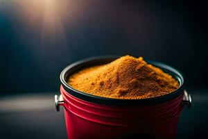 a bucket of orange powder sitting on a table. AI-Generated photo