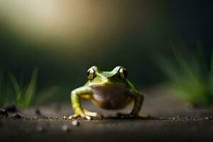 a frog is standing on the ground with its eyes open. AI-Generated photo