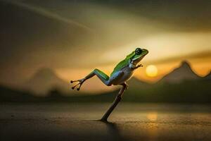 a frog is standing on a stick in front of a sunset. AI-Generated photo