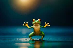 a frog standing on its hind legs with its arms outstretched. AI-Generated photo