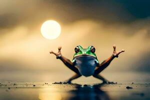 a frog is standing on its hind legs with its arms outstretched. AI-Generated photo