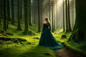 un mujer en un azul vestir en pie en el medio de un bosque. generado por ai foto