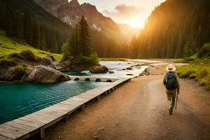 un hombre con un mochila camina a lo largo un camino cerca un río. generado por ai foto