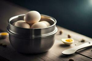 a metal container filled with eggs and spices. AI-Generated photo