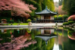 a japanese garden with a pagoda and trees. AI-Generated photo