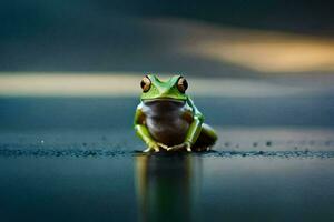 a frog sitting on the ground with a blurry background. AI-Generated photo