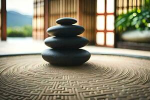 a stack of black stones on a circular pattern. AI-Generated photo