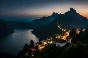 foto fondo de pantalla el cielo, montañas, lago, casa, atardecer, el camino, el camino,. generado por ai