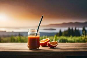 a glass of juice with a straw on a table with oranges and a sunset. AI-Generated photo