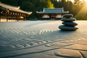 a zen garden with stones and a pagoda in the background. AI-Generated photo