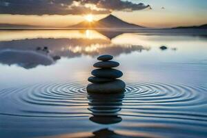 a stack of stones in the water with the sun setting behind it. AI-Generated photo