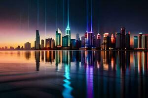the city skyline is reflected in the water at night. AI-Generated photo