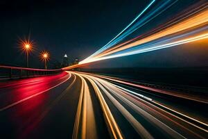 un largo exposición fotografía de un autopista a noche. generado por ai foto