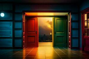 an open door with a rainbow light shining through it. AI-Generated photo