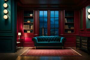 a room with blue walls and red furniture. AI-Generated photo