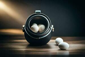 eggs in a black container on a wooden table. AI-Generated photo