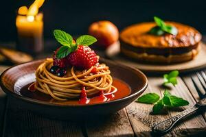 spaghetti with berries and sauce on a wooden table. AI-Generated photo