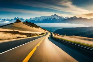 a road in the mountains with mountains in the background. AI-Generated photo