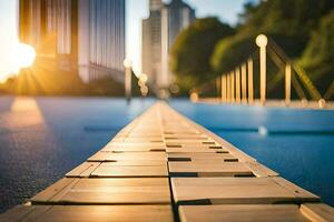 a wooden walkway is shown in front of a city. AI-Generated photo