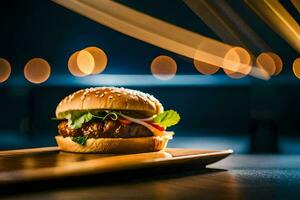 a hamburger on a wooden tray with lights in the background. AI-Generated photo