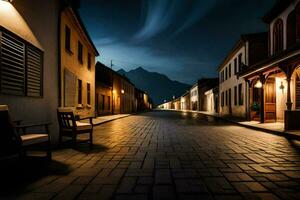 a street at night with a bench and a mountain in the background. AI-Generated photo