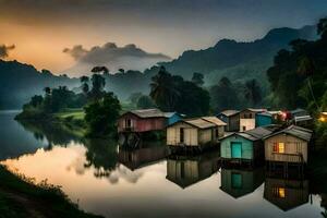 houses on the banks of a river at sunset. AI-Generated photo