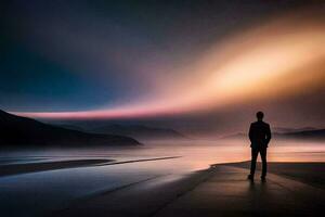 un hombre en pie en el playa a puesta de sol. generado por ai foto