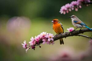 dos aves sentado en un rama con rosado flores generado por ai foto