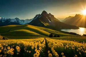 the sun rises over a field of yellow flowers in the mountains. AI-Generated photo