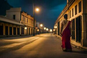 a woman in a red sari walks down a street at night. AI-Generated photo