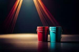 two buckets on a dark floor with bright light. AI-Generated photo