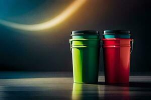 two colorful cups sit on a table. AI-Generated photo