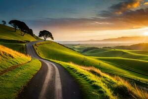 el la carretera a el puesta de sol. generado por ai foto