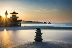 a stack of stones on the beach at sunset. AI-Generated photo