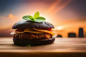 a burger with cheese and tomato on a wooden table. AI-Generated photo