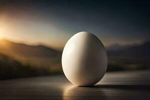 un huevo sentado en un mesa en frente de un puesta de sol. generado por ai foto
