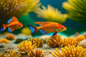 dos naranja pescado nadando en un acuario con coral. generado por ai foto