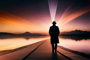 a man in a hat and coat stands on a pier looking at the sun. AI-Generated photo